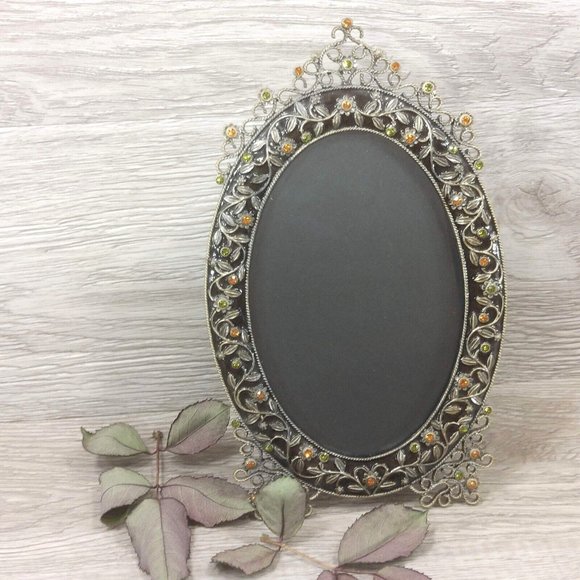 Ornament Oval Photo Frame Decorative Jeweled Photo Display Stones Floral Pattern - Picture 2 of 13